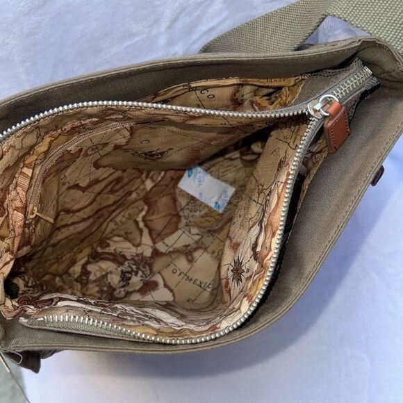 Vintage Fossil Voyages Crossbody Bag Ripstop Khaki Green Canvas Map Liner Y2K - Picture 12 of 13